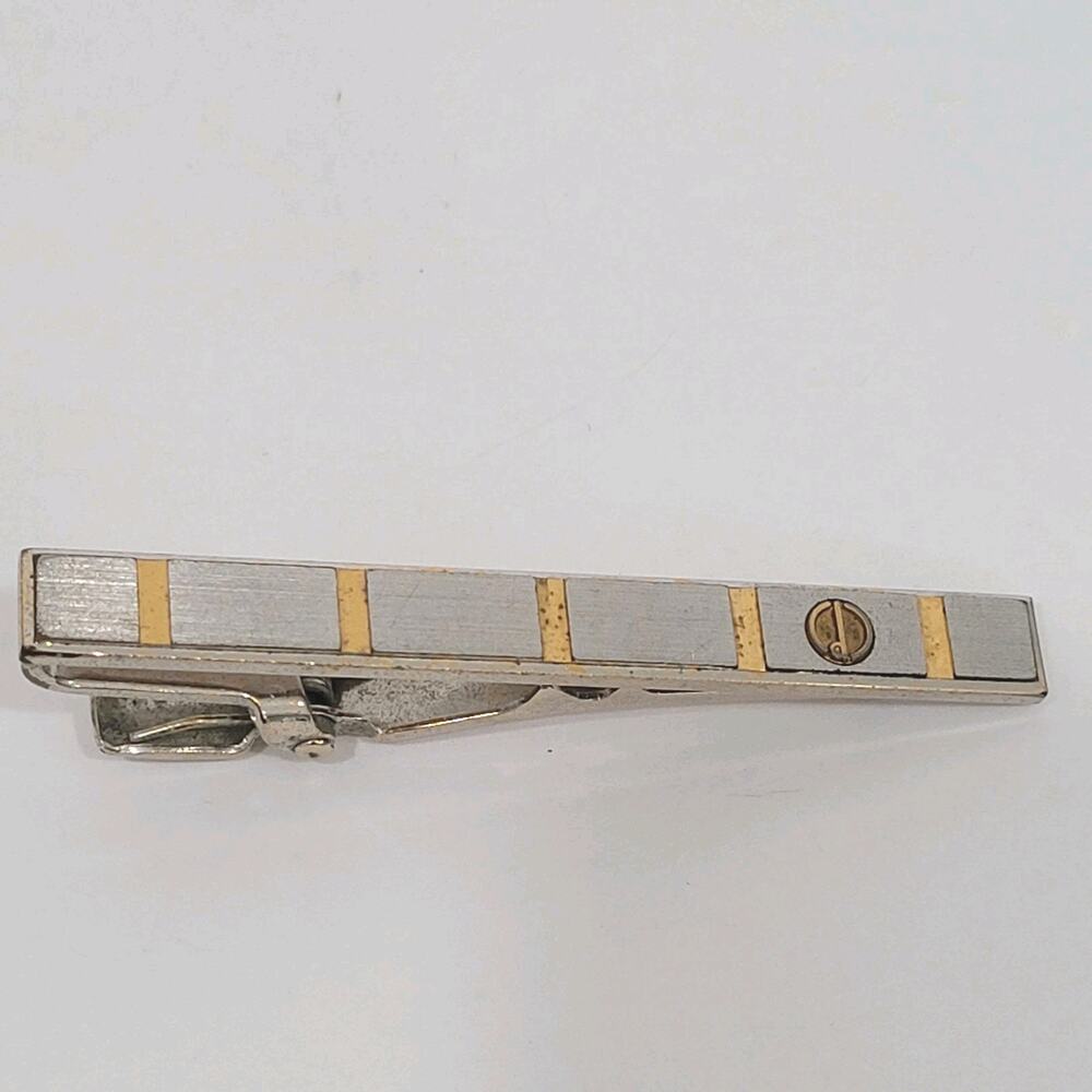 Dunhill Vintage Two Tone Tie Clasp Clip Bar Silver Gold Retro Logo Striped